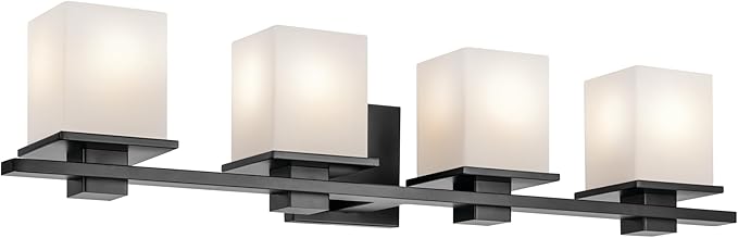 Kichler Tully 32" 4-Light Bathroom Vanity Light Fixture with Satin Etched Cased Opal Glass in Black for Over Mirror, Modern Wall Mount Lighting (32" x 6.5" x 7"), 45152BK