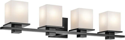 Kichler Tully 32" 4-Light Bathroom Vanity Light Fixture with Satin Etched Cased Opal Glass in Black for Over Mirror, Modern Wall Mount Lighting (32" x 6.5" x 7"), 45152BK