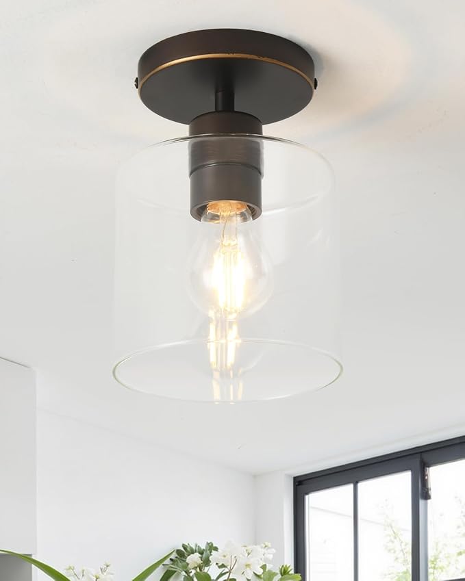 Brown and Gold Semi Flush Mount Ceiling Light,Modern Farmhouse Ceiling Light Fixture for Closet Entryway,Hallway Light Fixture 5.9in Clear Glass Shade 1 Pack