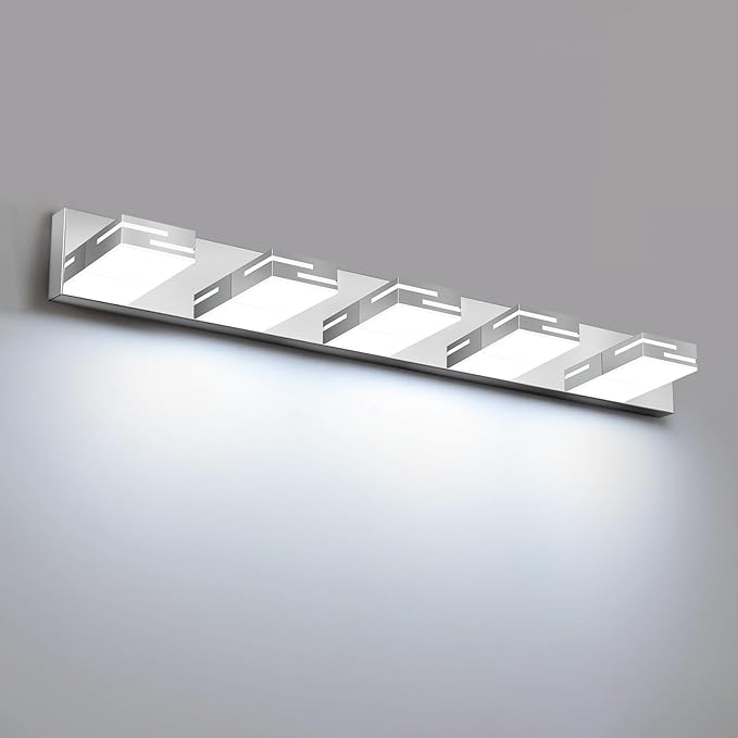 LED Modern Bathroom Vanity Light Fixtures, 5-Light 34-inch Dimmable Chrome Vanity Lights for Bathroom Lighting Fixtures Over Mirror, with 360° Rotatable Heads (Cool White 6000K)