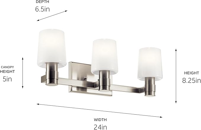 Kichler Adani 3-Light Vanity Light Fixture, Modern Bathroom Vanity Light with Opal Glass in Brushed Nickel for Bathroom or Powder Room Wall Mount (8.25" x 24"), 55176NI