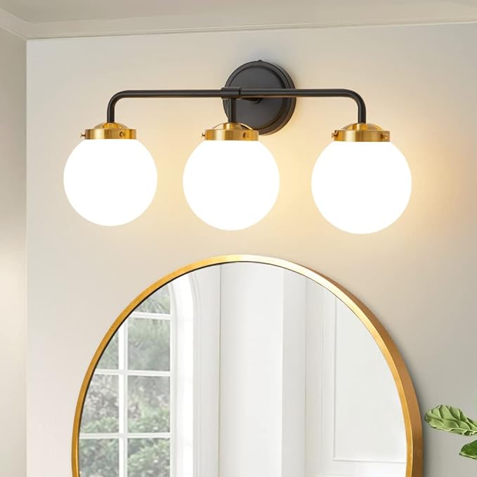Black Gold Bathroom Light Fixtures Above Mirror, Modern Vanity Lighting with White Glass Globe Shade 3-Light Farmhouse Wall Sconce