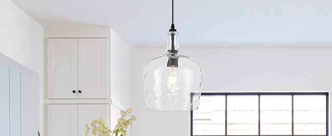 10” Large Stone-Hammered Glass Pendant Light Modern Matte Black 1 Light Single Dome Pendant Lighting Fixtures for Kitchen Island Dining Room Hallway, UL Listed