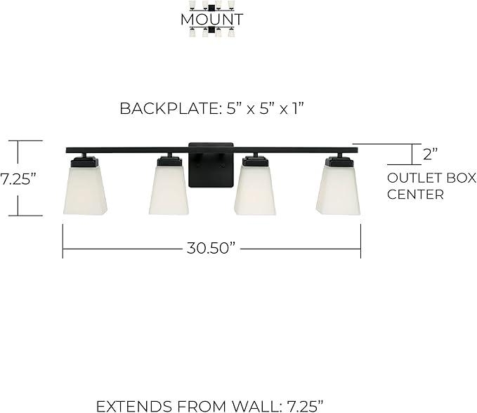 HomePlace Lighting 114441MB-334 Baxley Modern Soft White Glass Bathroom Vanity Wall Light, 4-Light 400 Total Watts, 7" H x 31" W, Matte Black