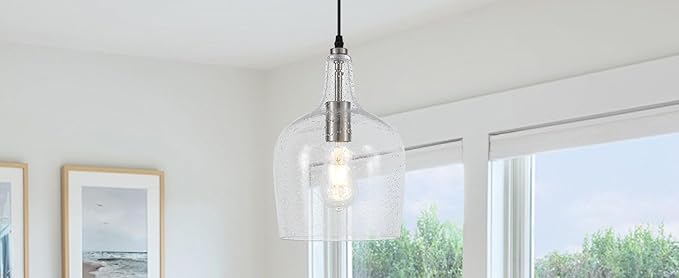 9” Brushed Nickel Seeded Glass Pendant Light Modern 1 Light Single Dome Pendent Lighting Fixtures for Kitchen Island Dining Room Hallway, UL Listed