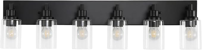 LOUSACE 6 Light Bathroom Vanity Light, Matte Black Bathroom Light Fixtures Over Mirror, Modern Bathroom Lighting with Clear Glass Shade, Black Farmhouse Wall Sconces Lighting Fixture