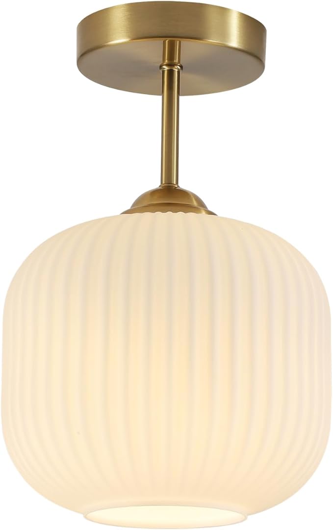 BOKT Vintage Semi Flush Mount Ceiling Light 7.9" Stripe Glass Shade Modern Ceiling Lamp Mid Century Gold Ceiling Light Fixture for Farmhouse, Kitchen Island, Hallway