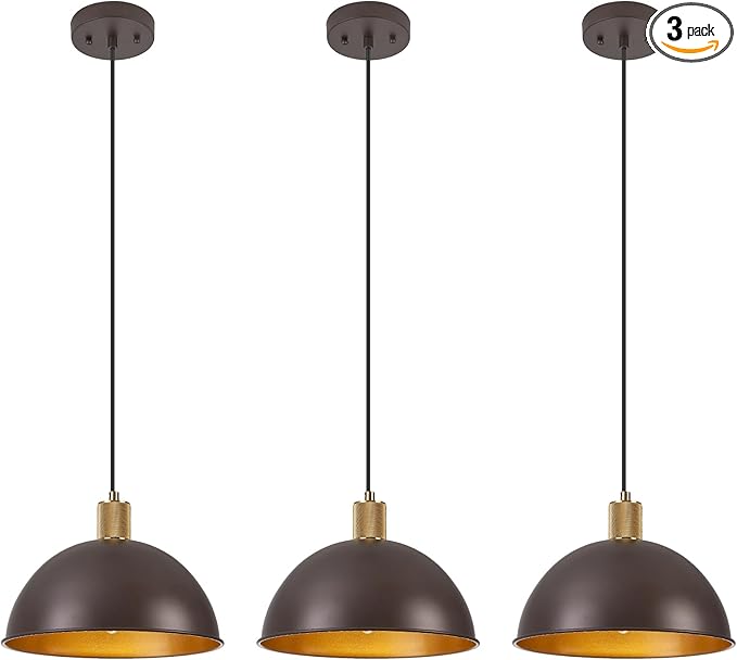 12 Inch Oil Rubbed Bronze Dome Pendant Lights 3 Pack for Kitchen Island, Height Adjustable Farmhouse Industrial Hanging Light Fixtures Over Table for Dining Room, Entryway