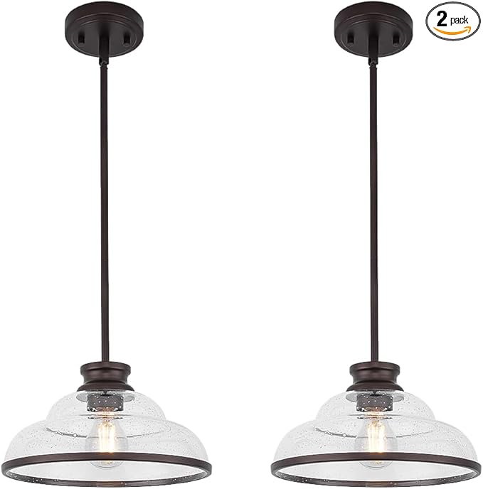 kudos Pendant Lights Kitchen Island, 11" Oil Rubbed Bronze Kitchen Island Lighting with Seeded Glass Shade, Farmhouse Large Hanging Light Fixture for Kitchen Sink Dining Room, KDPL14-ORB-2PK