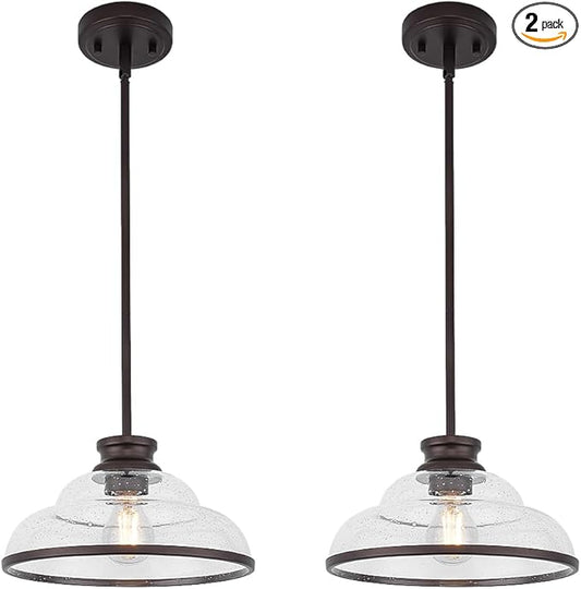 kudos Pendant Lights Kitchen Island, 11" Oil Rubbed Bronze Kitchen Island Lighting with Seeded Glass Shade, Farmhouse Large Hanging Light Fixture for Kitchen Sink Dining Room, KDPL14-ORB-2PK