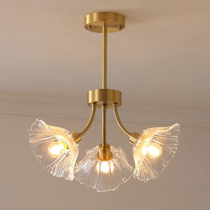 Semi Flush Mount Ceiling Lights Mid Century Modern Ceiling Light Fixture 3-Light Gold Brass Chandelier Lighting with Clear Glass Flower Shape for Bedroom Living Dining Room Hallway