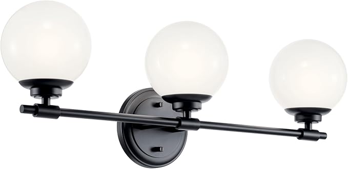 Kichler Benno 3-Light Bathroom Vanity Light Fixture with Opal Glass in Black, Modern Wall Mount Lighting for Bathroom or Powder Room, G9 LED Compatible (8.75 in x 24.5 in), 55172BK