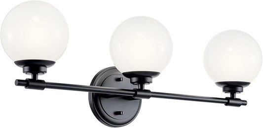 Kichler Benno 3-Light Bathroom Vanity Light Fixture with Opal Glass in Black, Modern Wall Mount Lighting for Bathroom or Powder Room, G9 LED Compatible (8.75 in x 24.5 in), 55172BK