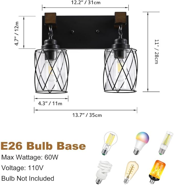 Farmhouse Bathroom Light Fixtures, 2 Light Bathroom Vanity Light with Metal and Glass Lampshade, Wood Rustic Lighting Fixtures Over Mirror, Black Wall Sconces for Living Room, Bedroom