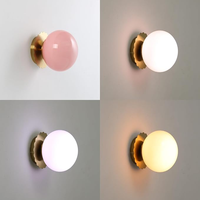 Modern Globe Glass Wall Sconces- Minimalist Home Shop Decor Wall Light 7" Glass Shade Hardwired- 1 Light Mid Century Wall Lamps Indoor Bedroom Bathroom Hallway Vanity Sconce Light (Gold-Pink)