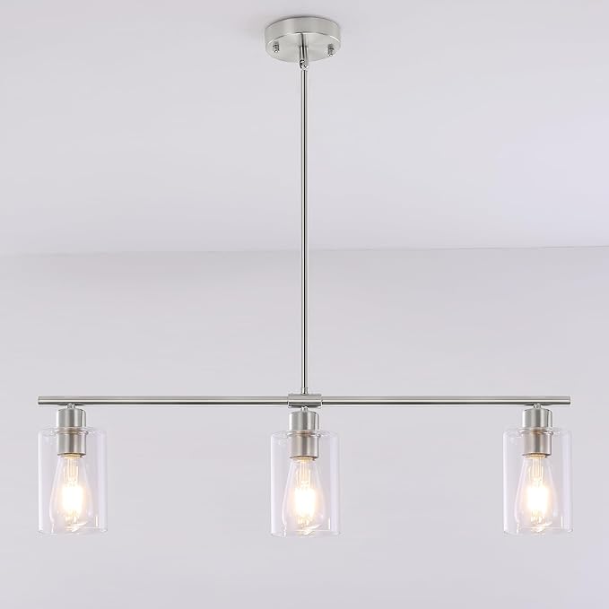3 Lights Kitchen Island Lighting Brushed Nickel Pendant Light Fixtures with Glass Shade 31" Dining Room Chandeliers Adjustable Height Modern Linear Ceiling Hanging Light for Living Room, Foyer
