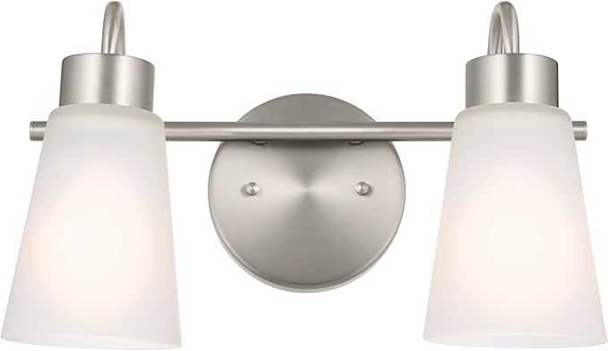 Kichler Erma 2-Light Bathroom Vanity Light Fixture with Satin Etched Glass, Brushed Nickel Wall Mount for Mirror Lighting, Up or Down Installation (13.5" x 8.5" x 6"), 55125NI