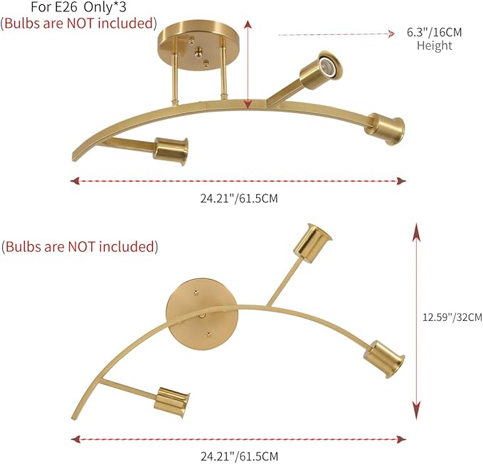 Gold 3-Lights Modern Sputnik Semi Flush Mount Ceiling Light Fixture,Mid Centur Minimalist Sputnik Chandelier for Hallway,Dining Room,Bedroom,Kitchen,Living Room(Bulbs Not Included)