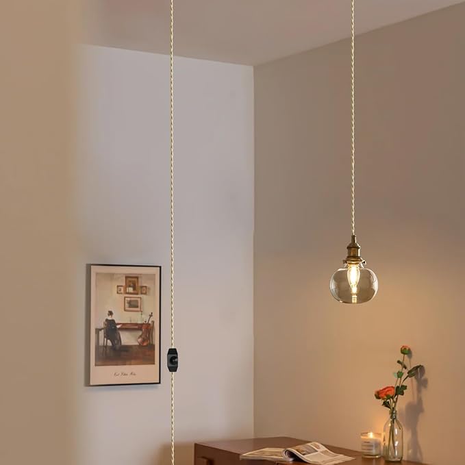 Plug in Glass Pendant Light with Dimmable Switch 4.72" Vintage Hanging Pendant Light Fixtures for Bedside Dining Room Foyer, Brass