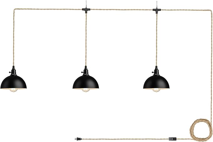 zeyu Triple Pendant Light with Plug in Cord - Industrial 3-Light Hanging Lamps with 29FT Twisted Hemp Rope Switch, Metal Dome Shade in Black Finish, ZYC49-3 BK