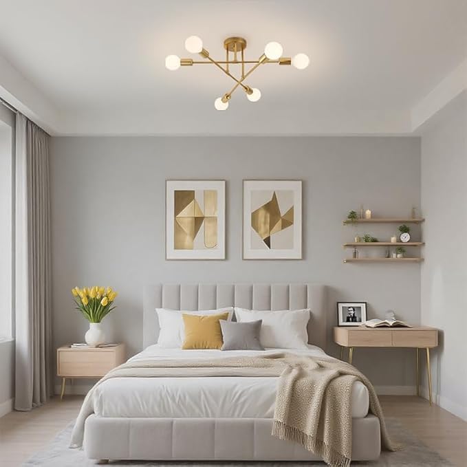 Semi Flush Mount Ceiling Light Fixture, 6 Lights Modern Sputnik Chandelier Ceiling Lamp with E26 Bulb Base, Light Fixtures Ceiling Mount for Bedroom Kitchen Living Room Hallway (Gold)