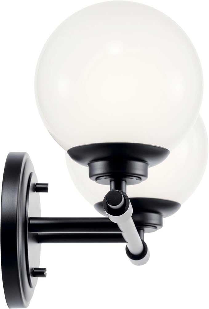 Kichler Benno 2-Light Bathroom Vanity Light Fixture, Modern Wall Mount with Opal Glass in Black for Bathroom or Powder Room, G9 LED Compatible (8.75 x 14.75 in), 55171BK