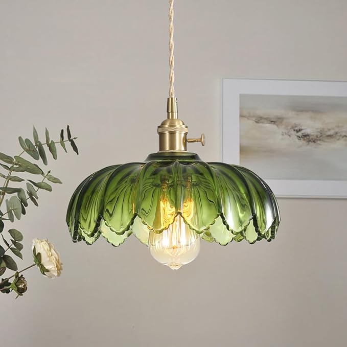 Plug in Pendant Light with Green Glass Lamp Shade Brass Vintage Hanging Light Fixture Adjustable Chandelier for Kitchen Island Dining Room Bedroom Living Room Hallway (Green)