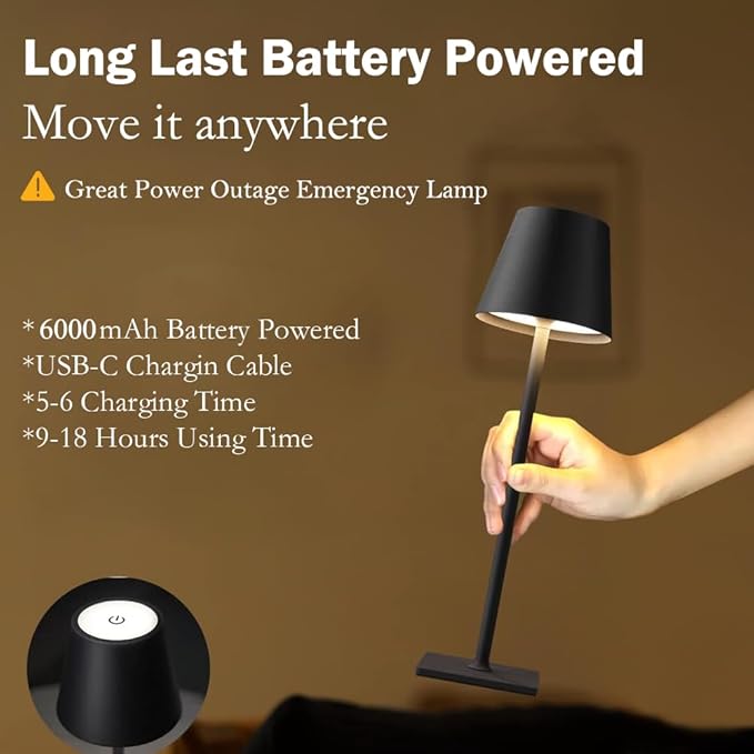 2 Pack Cordless Table Lamps-6000mAh Rechargeable Lamp,Waterproof Outdoor Table Lights for Patio|Shower|Restaurant|Dinner|Kitchen Counter|Dining Table Top Lighting,Mini Small Battery Operated Lamp