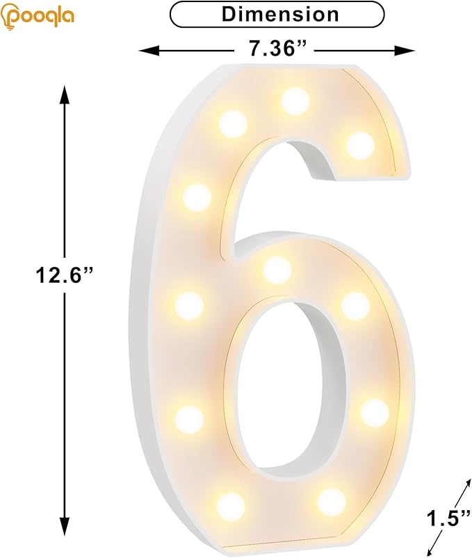 Pooqla Large Light Up Numbers for 6th Birthday Decorations, 12.6 in Tall White Plastic Marquee Numbers Sign Party Decorations, Gift for Girls Boys Night Light Wedding Anniversary Decor, Big Number 6