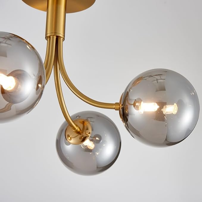 AGV Lighting Modern Semi Flush Mount Ceiling Light Fixture, 4-Light Gold Flush Mount Chandelier with Smoky Silver Glass Globe Shades, 18" L x 12" H Metal Ceiling Lamp for Bedroom, Dining Room, Kitchen