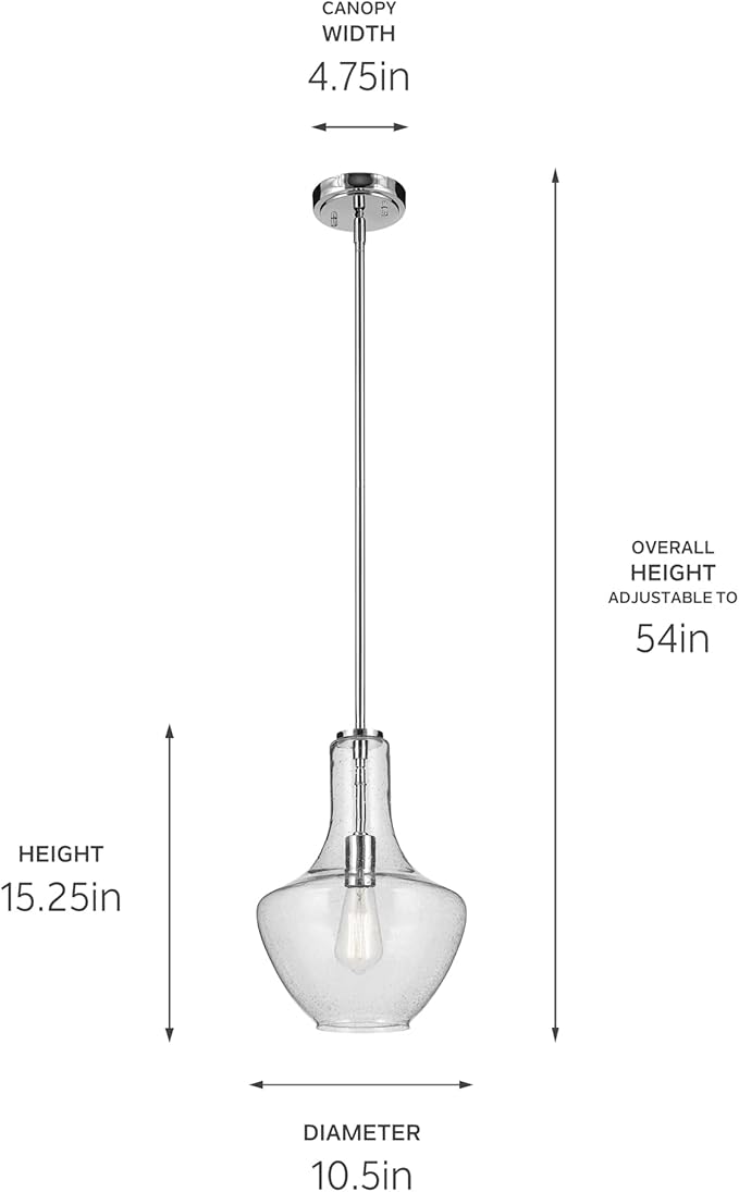 Everly 15.25" 1-Light Bell Pendant with Clear Seeded Glass in Chrome, for a Kitchen Island, Dining Nook, or Home Bar, (15.25" x 10.5") 42141CHCS
