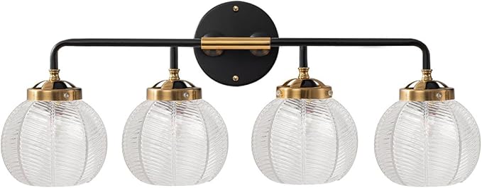 4-Lights Vanity Lights Bathroom Light fixtures Over Mirror Mid Century Modern Wall Sconce with Clear Glass Globe Shade Matte Black Gold Wall lamp for Kitchen Powder Room Over Mirror