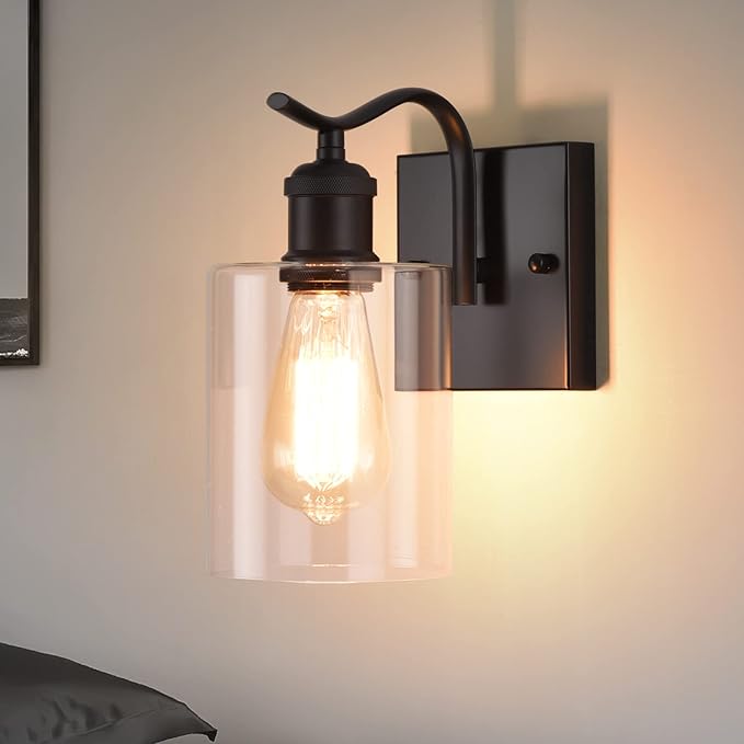 HOXIYA Bathroom Wall Sconce Industrial Wall Lamp Farmhouse Light Fixture, Matte Black Rustic Vanity Light, Dimmable Bedside Wall Lamp