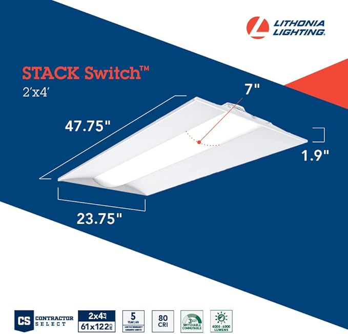 Lithonia Lighting 2x4 LED Troffer Light, Stack Switch LED Drop In Ceiling Light for Dropped Ceiling, 4000/5000/6000 Adjustable Lumens, 3500K/4000K/5000K Switchable Color Temperature, White
