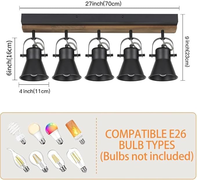 KEESFU 5-Light Track Lighting Kit,Black Semi Flush Mount Ceiling Light with 5 Rotatable Light Heads,Modern Farmhouse Lighting for Livingroom,Bedroom,Hallway,Art Wall,Bathroom,Kitchen.(5-Light)