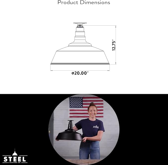 Steel Lighting Co. Manhattan Warehouse Light | Ceiling Mounted Pendant | 20 inch Dome | Flush Mount | Large Steel Barn Light Made in America | Dark Bronze Exterior/White Interior