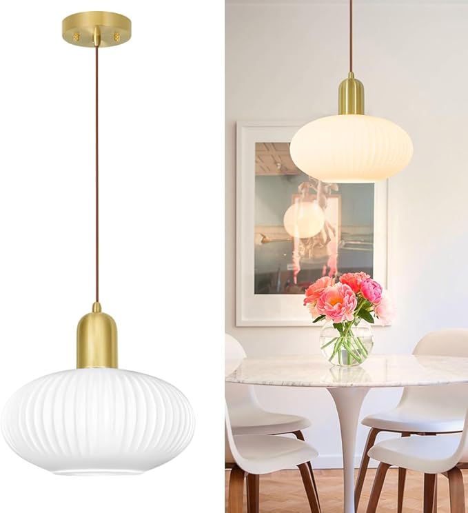 Modern Pendant Light, Brass Gold Kitchen Island Pendant Light Fixture, Pendant Lighting Fixture with Milky White Globe Glass Shade, Adjustable Ceiling Hanging Ligth for Bathroom Dining Room, 11.5in