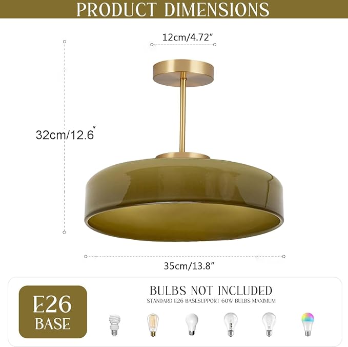 Green Semi Flush Mount Ceiling Light Modern Ceiling Lights 13.8″ Round Dome Glass Shade Mid Century Flush Mount Light Fixture Gold Brass Finish for Hallway Dining Room Overhead Light