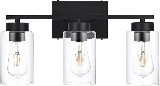 3-Light Bathroom Vanity Light, Modern Black Wall Lights with Clear Glass Shades, Bathroom Wall Sconce Lamp for Mirror Living Room Bedroom Hallway