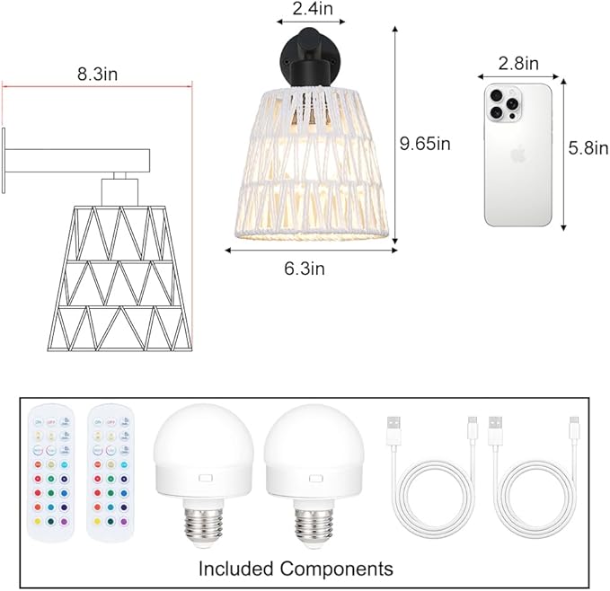 Boho Battery Operated Wall Sconce Set of 2, White Rattan Rechargeable Wall Lights with Dimmable Bulbs and Remote,15 Colors Wireless Wall Lamps for Bedroom Living Room Hallway Decor