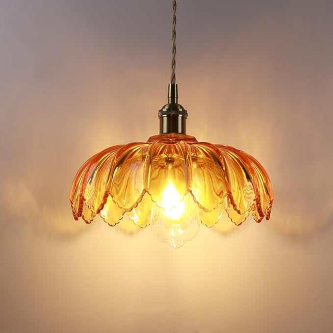 Plug in Pendant Light with Amber Glass Lamp Shade Brass Vintage Hanging Light Fixture Adjustable Chandelier for Kitchen Island Dining Room Bedroom Living Room Hallway