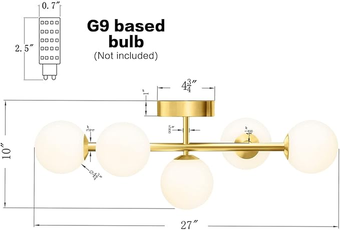 Bathroom Vanity Lights, 5-Light Bathroom Light Fixtures, Mid Century Modern Brass Bathroom Light Ceiling Light, Wall Sconces Semi-Flush Mount Light Fixture with Milk Globe Glass, Brass Gold, G9 Base