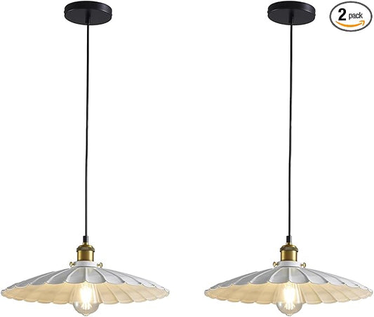Pendant Lights, 13.8 Inch Glossy White Lampshade Hanging Kitchen Lights 7Ft Height Adjustable Island Pendant Lights for Kitchen Industrial Style Hanging Light for Bedroom 2Pack