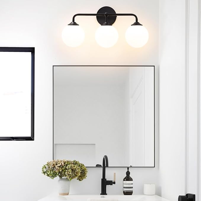 Black Bathroom 3-Lights Vanity Light Fixtures, Minimalist Vanity Lights with Milky White Glass Shade, Modern Wall Sconces over Mirror, Wall Lamp for Bathroom Dressing Table Bedroom Living Room