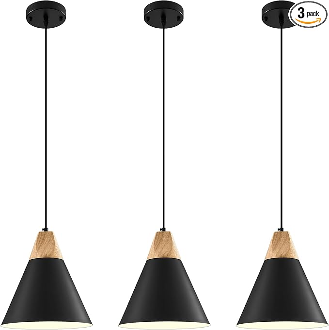 Modern Pendant Lights, 3 Packs 9.4inch Black Pendant Light, Kitchen Pendant Lights, Farmhouse Pendant Light for Kitchen, Living Room, Bar, Bedroom, Office