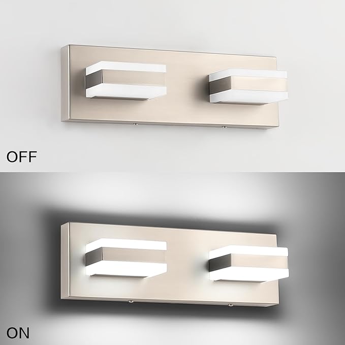 SOLFART 2 Light Brushed Nickel Vanity Lights for Bathroom Over Mirror, Modern LED Lighting Fixture, 14 Inch Cool Light