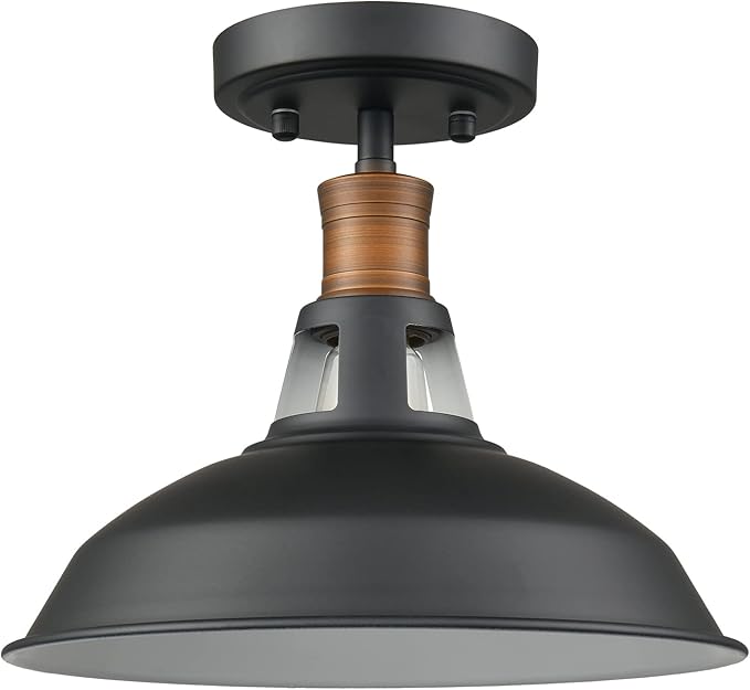 CLAXY Industrial Ceiling Light Semi Flush Mount Light Fixture with Black and White Barn Shade Dimmable for Kitchen Bedroom Entryway