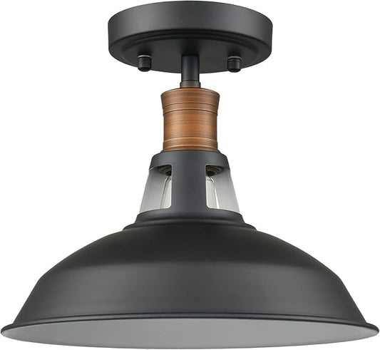 CLAXY Industrial Ceiling Light Semi Flush Mount Light Fixture with Black and White Barn Shade Dimmable for Kitchen Bedroom Entryway