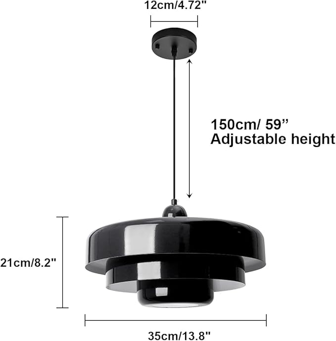 Black Mid Century Pendant Light, 59" Adjustable Hanging Cord with 3-Layer Metal Shade, Modern Chandelier for Dining Room, Kitchen Island, and Bedroom