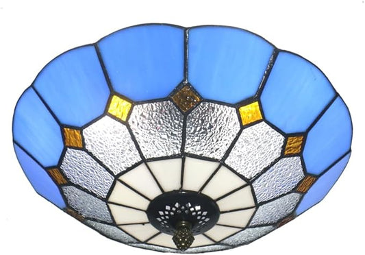 12 Inch Tiffany Style Vintage Stained Glass Ceiling Light Flush Mount Ceiling Light Pendent Chandelier Lighing Fixtures (12 Inch Blue)